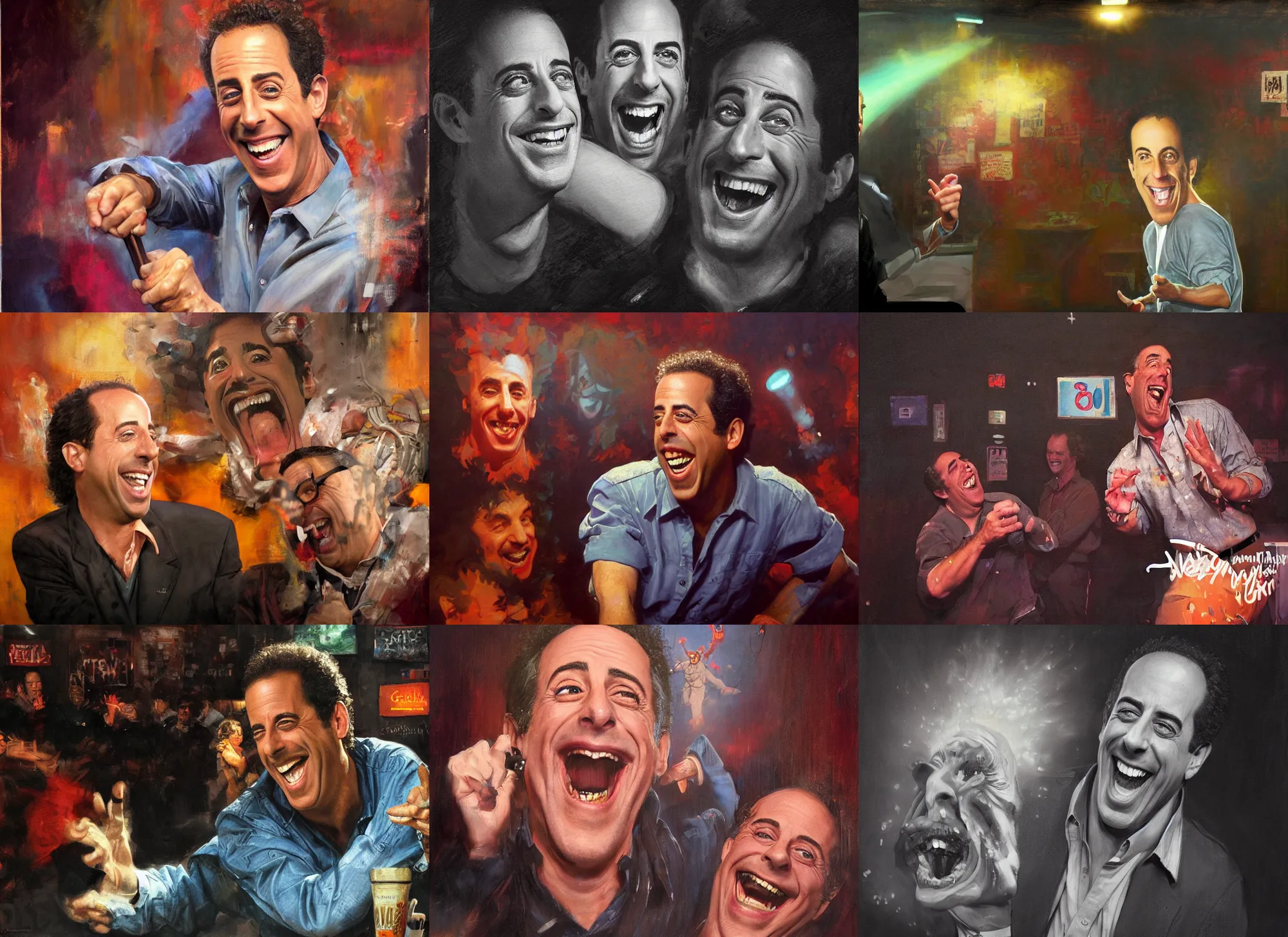 Prompt: a mixed media portrait painting of nineteen eighties jerry seinfeld laughing hysterically in a comedy club, hyperrealistic, detailed face, by frank frazetta, greg rutkowski, christian macnevin, wlop, krenz cushart, epic fantasy character art, volumetric lighting, cgsociety, exquisite detail, masterpiece, cinematic