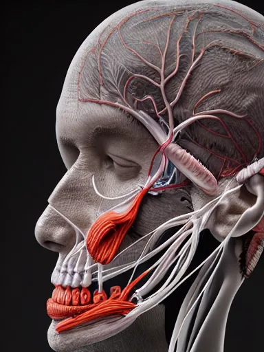 Image similar to medical reference, anatomical sculpture of central nervous system, quixel megascans, photorealism, cgi, digital concept art, redshift render, physically based rendering, cinematic, filmic