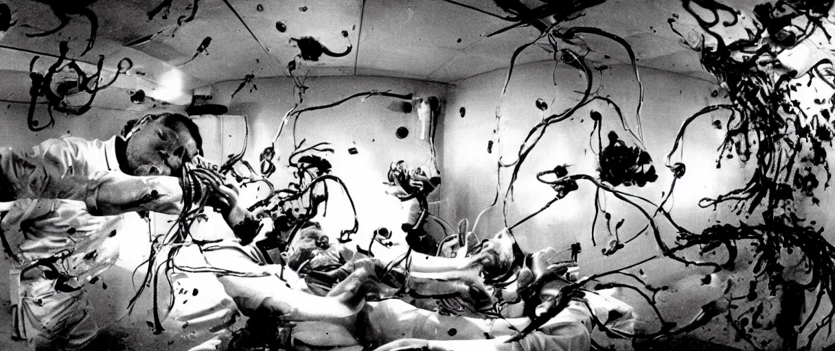 Image similar to filmic wide shot dutch angle movie still 35mm film color photograph of a doctor getting his face torn off and mutilated by a dangerous spined bundle of alien worms coming from off camera, blood flying in the air, in the style of a 1982 horror film