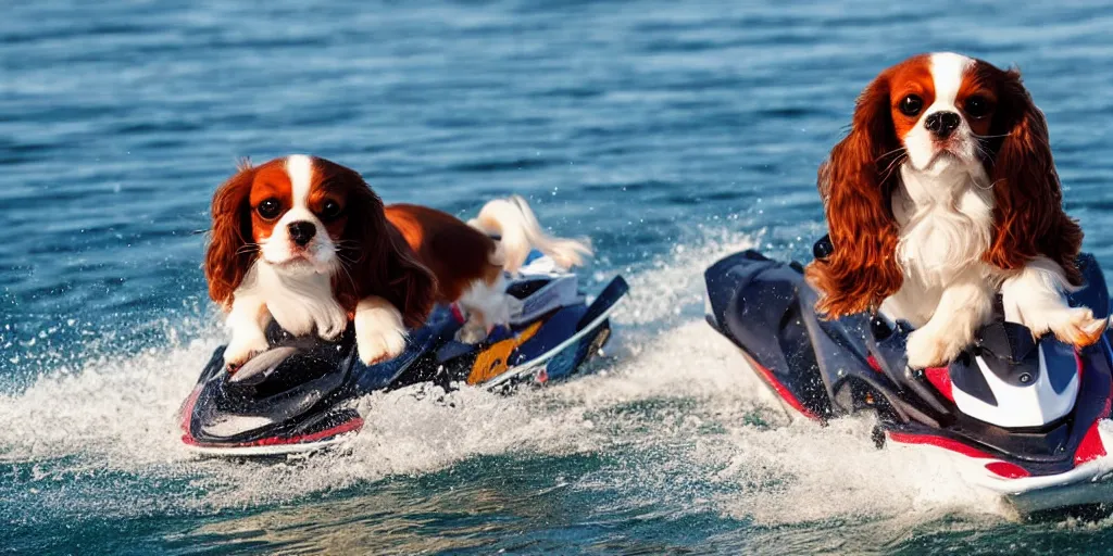 Prompt: A Cavalier King Charles Spaniel on a Jetski