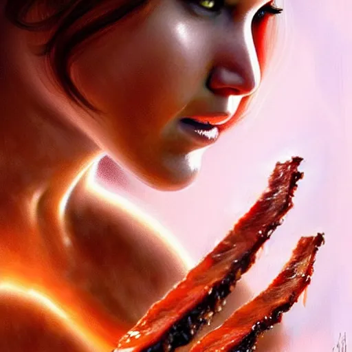 Prompt: Microscopic Life Science Photo Jennifer Lawrence eating a rack of ribs dripping bbq sauce, closeup, D&D, fantasy, intricate, elegant, highly detailed, digital painting, artstation, concept art, matte, sharp focus, illustration, art by Artgerm and Greg Rutkowski and Alphonse Mucha