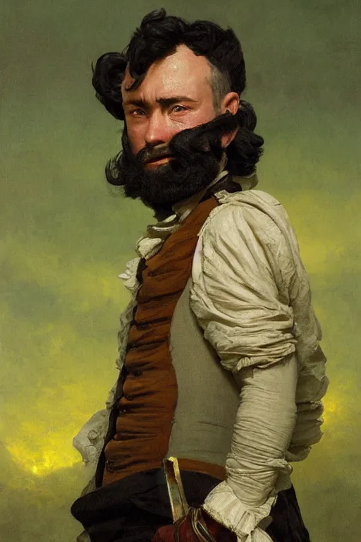 Prompt: museum painting, close - up, handsome man with one yellow eye, one black eye, short black hair, black beard, wearing green clothes of 1 8 th century, as a minister, sharp focus, highly detailed, digital art, oil painting, masterpiece, by artgerm, by greg rutkowski, by mucha, by leyendecker