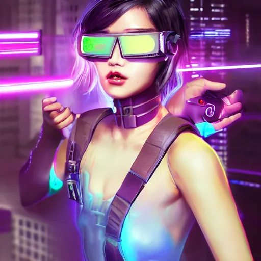 Prompt: a full body illustration of an asian female cyberpunk character wearing VR goggle implants, highly detailed, soft lighting, neon pastel colors, by WLOP, Guweiz, and Greg Staples, HD, 4K