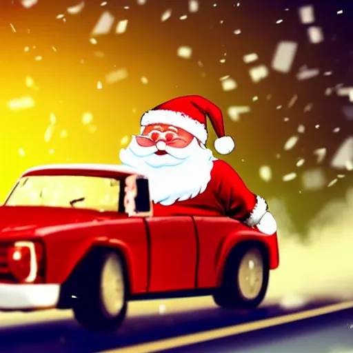 Image similar to Santa Clause driving a rally car he is going fast there is smoke coming from the tires there is snow on the track you can clearly see Santa Clause driving he is fat and jolly, realistic lighting, realistic shadows, highly reflective, photo realistic, hyper realistic