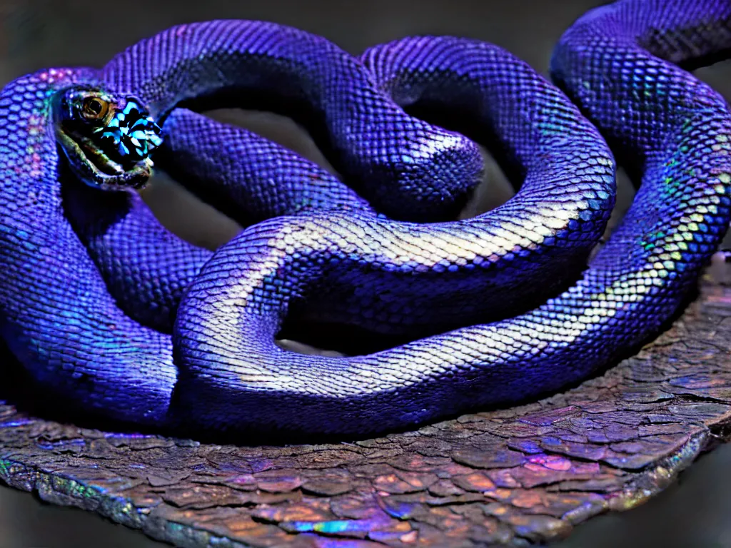 Prompt: a beautiful large eastern indigo snake, iridescent scales, 4 k, trending on artstation, award winning, photorealistic, volumetric lighting, octane render,