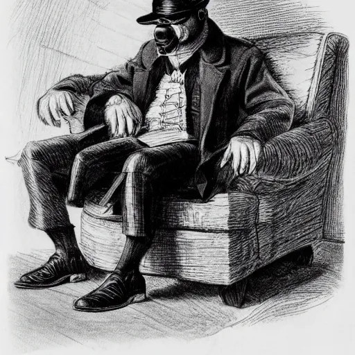 Image similar to a dog in a coat, in leather shoes, with a hat, sitting in an armchair, fluid, smooth, high contrast, sharpness, dramatic, very detailed, intricate, by windsor mckay