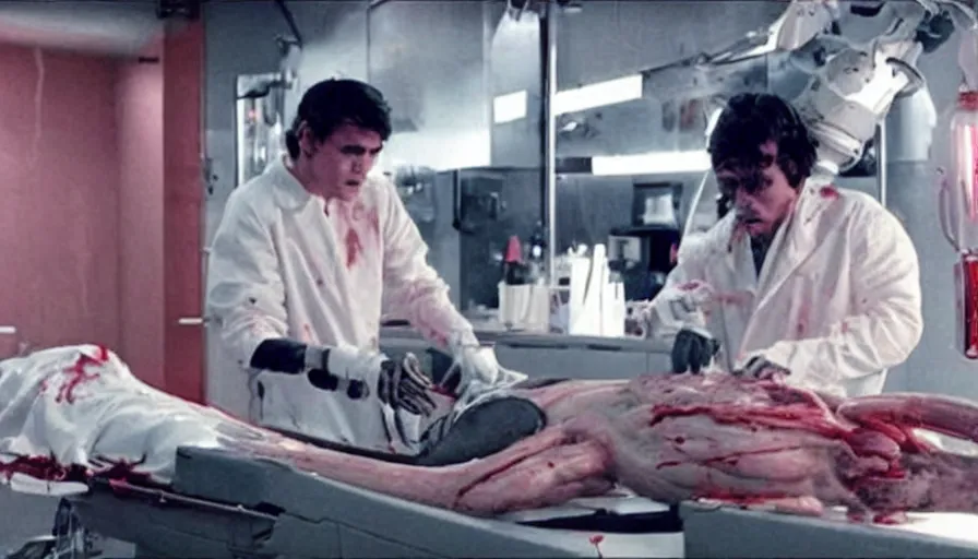 Image similar to Big budget horror movie, a squid bloodily rips out a man's heart while a cyborg does an autopsy