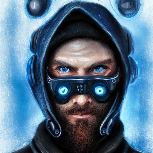 Image similar to a portrait of an ultradetailed male cyberpunk waring a hoodie, bearded, deep blue eyes, by ivan lopez, 8 k, digital painting