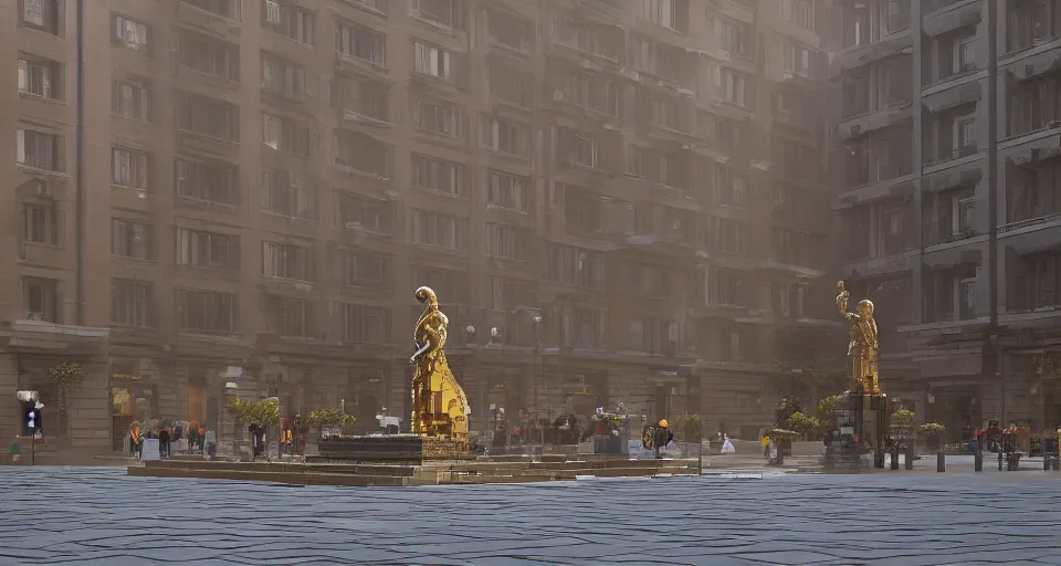 Image similar to lego bronze statue stands in the city center. art deco architecture. photorealism, soft light, morning. by greg rutkowski, frank lloyd wright, michelangelo. hyperrealism, dusty, moody, high detail, artstation, digital painting, octane render, tonal color scheme.