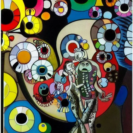 Prompt: Oil painting by Roberto Matta. Strange mechanical beings kissing. Portrait by Takashi Murakami.