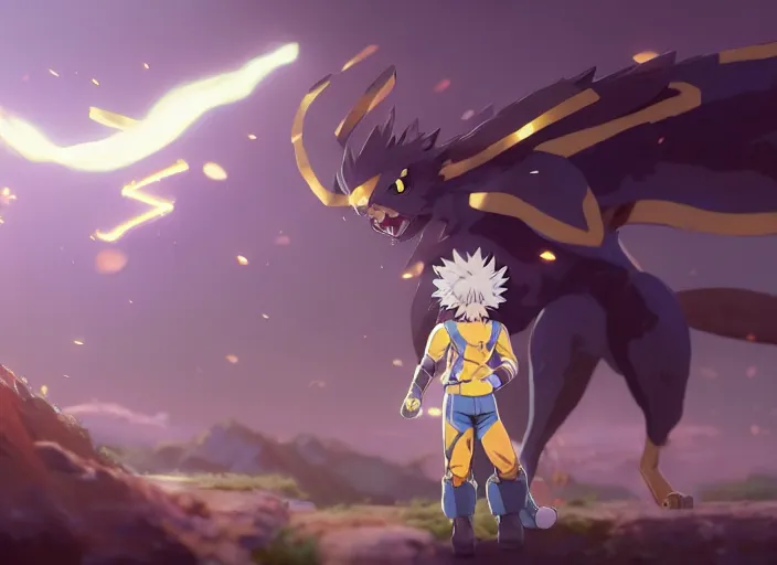 Image similar to highly detailed portrait of a pokemon, in my hero academia, stephen bliss, 8 k, unreal engine, fantasy art by greg rutkowski, loish, rhads, ferdinand knab, makoto shinkai and lois van baarle, ilya kuvshinov, rossdraws, tom bagshaw, global illumination, radiant light, detailed and intricate environment