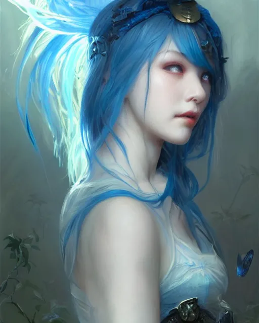 Image similar to stunningly beautiful female blue hair, cute korean actressr, fantasy art, fae priestess, lush dark forest landscape, fireflys at night, sharp focus, digital painting, 8 k, concept art, art by wlop, artgerm, greg rutkowski and alphonse mucha