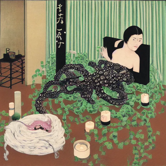 Image similar to a female emo pathology student in her apartment, wrapped in vines, medical equipment, candles, octopus, japanese tea ceremony, pig, black walls, ikebana, black armchair, sculpture, acrylic on canvas, surrealist, by magritte and monet