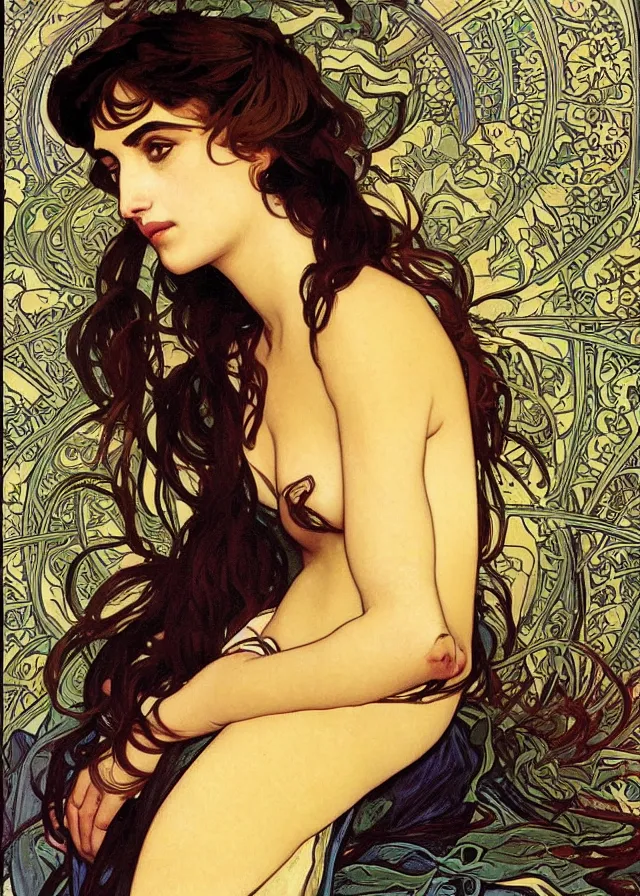 Image similar to portrait of penelope cruz, artwork by alphonse mucha