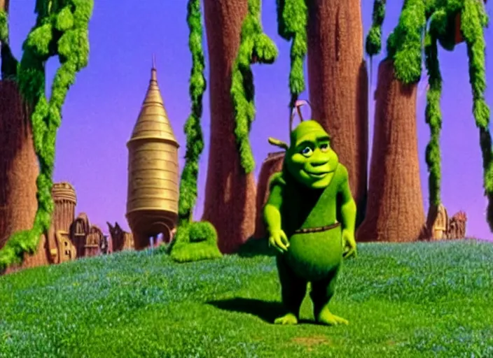 Prompt: film still of Shrek in Willy Wonka's and the Chocolate Factory 1971