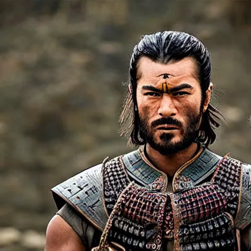 Image similar to handsome and strong! kurdish! samurai in a movie directed by christopher nolan, movie still frame, promotional image, imax 7 0 mm footage, perfect symmetrical facial features