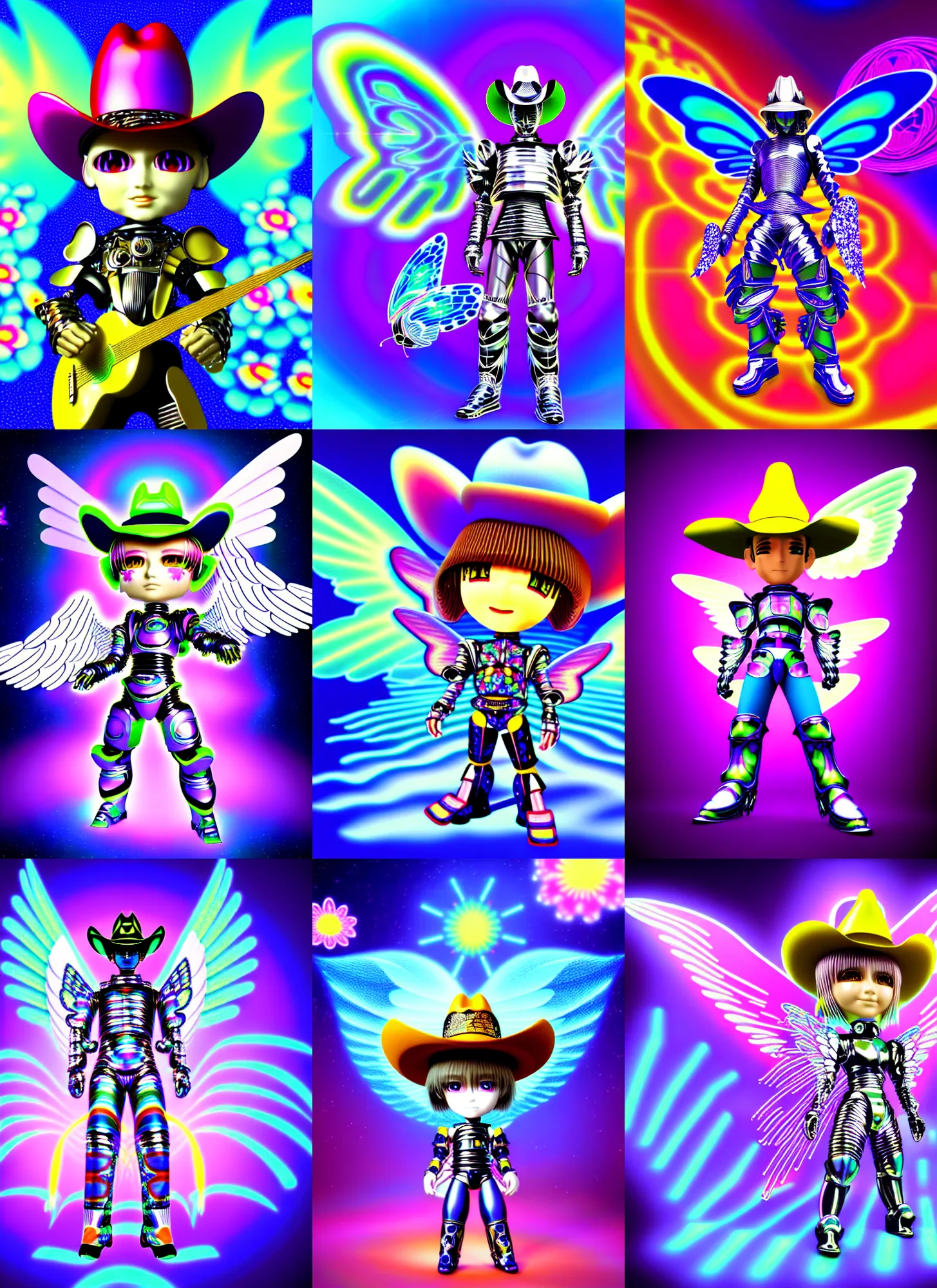 Prompt: lightwave silicon graphics render by ichiro tanida of chibi cyber knight wearing a big cowboy hat and wearing angel wings against a psychedelic acid background with rendered butterflies and maya rendered flowers in the style of early three dimensional computer graphics, sgi iris graphics