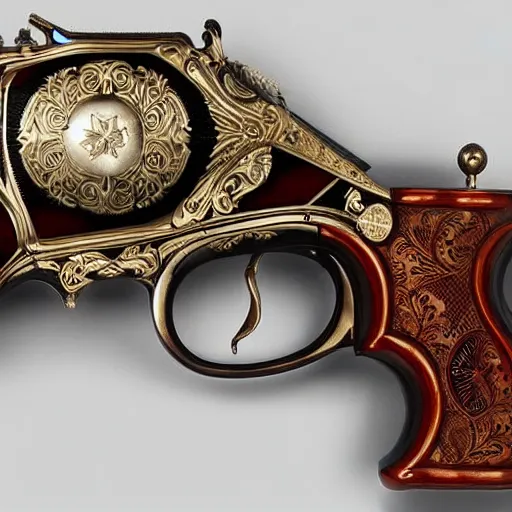 Image similar to an elegant victorian set of dueling pistols decorated with an apple theme