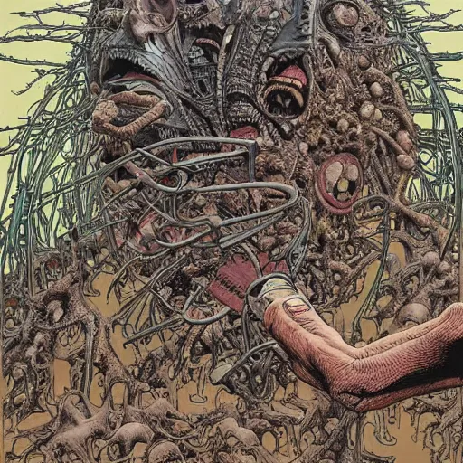 Image similar to an impossible nightmare beyond comprehension, very very detailed painting by geof darrow and greg rutowski and hr giger