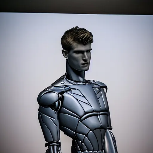 Image similar to a realistic detailed photo of a guy who is an attractive humanoid who is half robot and half humanoid, who is a male android, soccer player timo werner, shiny skin, posing like a statue, blank stare, by the pool, on display, showing off his muscles, humanoid robot, frozen ice statue, made of ice