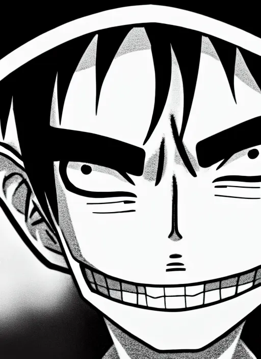 Image similar to detailed of a luffy face, depth of field, black and white,