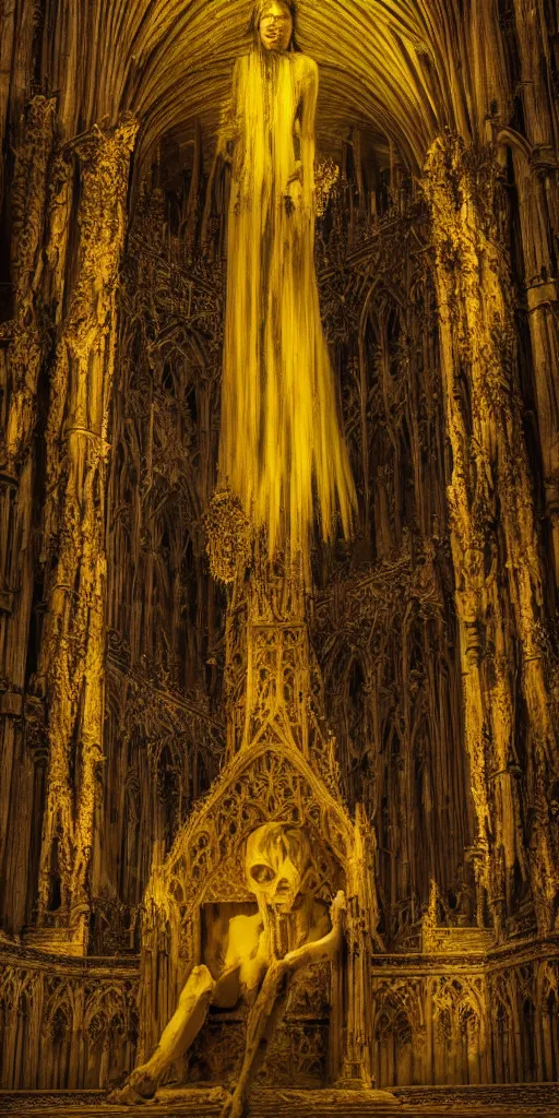 Image similar to a tall pale humanoid being sitting upon an ornate stone throne, 4K, digital art, horror, dramatic, wearing a long yellow rotting garment, dark, hyperrealistic, perspective, complex (((dark))) cathedral background with volumetric lights coming in through cathedral windows, dark background, highlights,