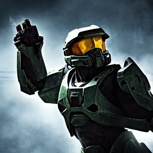 Image similar to master chief holding a can of beer, cinematic lighting, photorealistic, happy feeling,