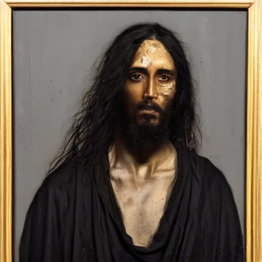 Prompt: a portrait of jesus wearing virgil abloh and jerry lorenzo streetwear by nicola samori, oil painting, realistic, 8 k, fear of god style