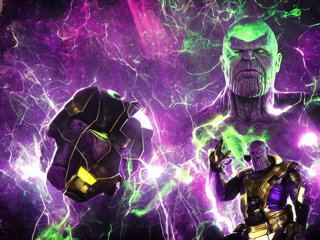 Prompt: photo of Thanos is djing at an underground warehouse rave, he is looking stressed because he is bombing badly. award winning, atmosphere, coloured lasers and stage lighting, stage smoke, 1x