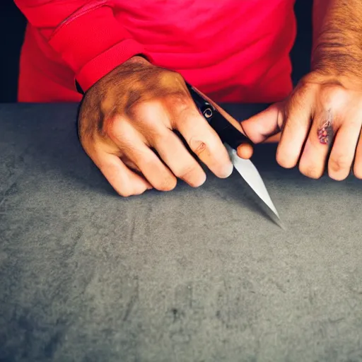 Prompt: photo of a caucasian dnb mc holding a knife