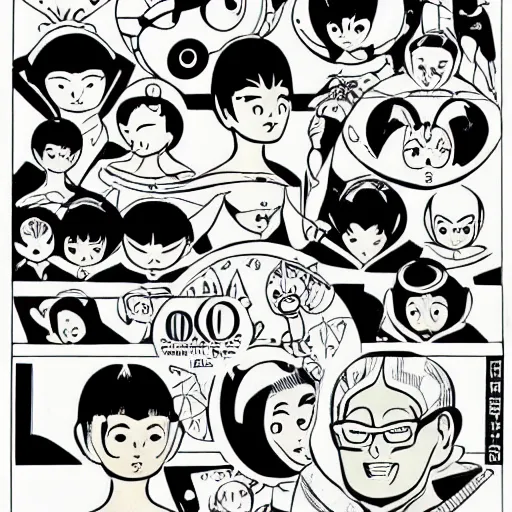 Prompt: osamu tezuka black and white character design 6 0 s