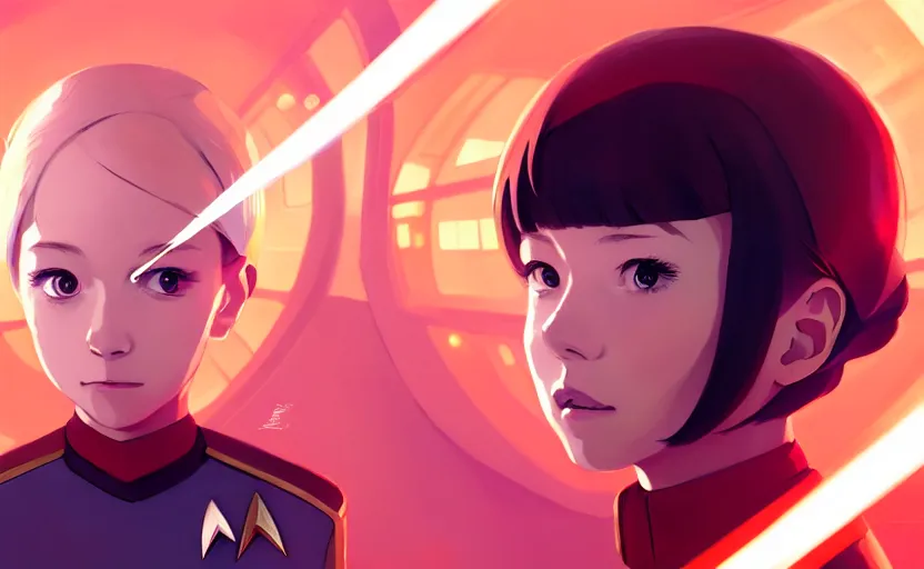 Image similar to portrait of star trek cute commander girl, empty interior bridge of federation ship as background, illustration concept art anime key visual trending pixiv fanbox by wlop and greg rutkowski and makoto shinkai and studio ghibli and kyoto animation, the next generation vibe, federation clothing, orange retro lcd screens, 4 k