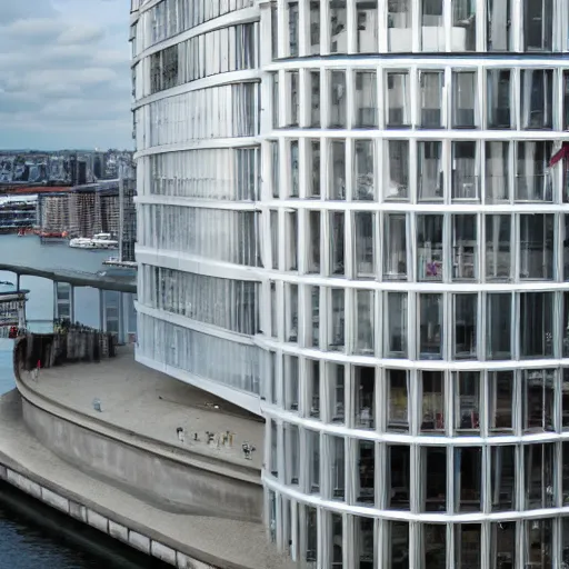 Image similar to a incredible cutting edge new building on the London waterfront designed by bjarke ingels, photo by Annie Leibovitz