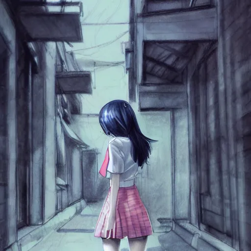 Image similar to a perfect, realistic professional digital sketch of a Japanese schoolgirl posing in a sci-fi alleyway, style of Marvel, full length, by pen and watercolor, by a professional American senior artist on ArtStation, a high-quality hollywood-style sketch, on high-quality paper