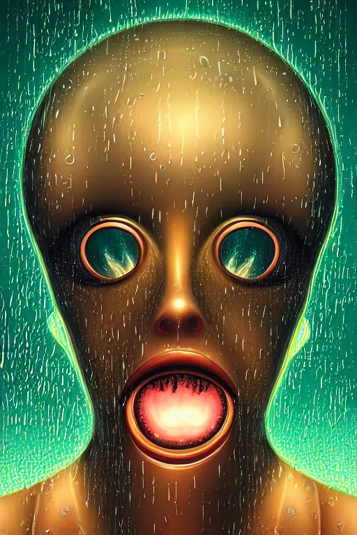 Image similar to art deco close up portait of mushroom head with big mouth surrounded by spheres, rain like a dream digital painting curvalinear clothing cinematic dramatic fluid lines otherworldly vaporwave interesting details epic composition by artgerm