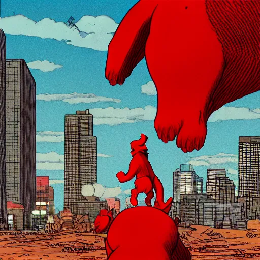 Image similar to clifford the big red dog fighting monsters, in the style of akira, detailed, trending on artstation, 8 k