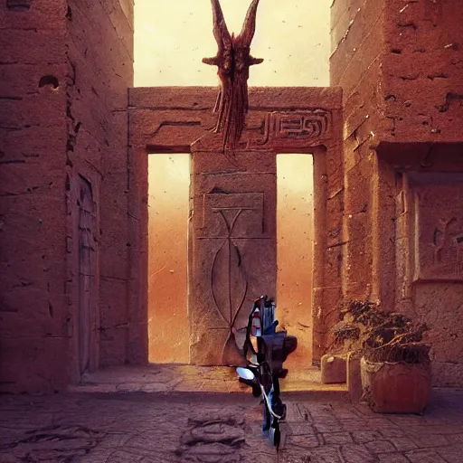 Image similar to surrealism grunge of an arab warrior infront of a dimentional gate . intricate artwork. Eerie ancient alien symbols carved into the walls, zdzisław Beksiński, wlop, dan mumford , trending on artstation, greg rutkowski very coherent symmetrical artwork. cinematic composition, hyper realism, high detail, octane render, 8k