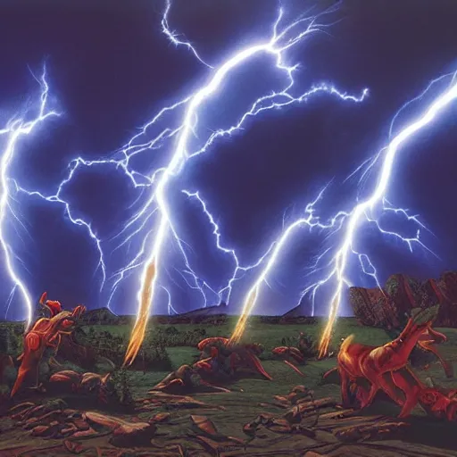 Prompt: 🤘, lightning strike, artwork by greg hildebrandt, dynamic lighting