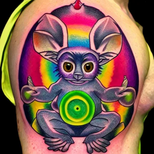 Image similar to shoulder tattoo of a multicolored hallucinogenis meditating cute bush baby, eyes are glowing rainbow spirals, long fur, happy mood, surrounded with colorful magic mushrooms and rainbow marihuana leaves, insanely integrate