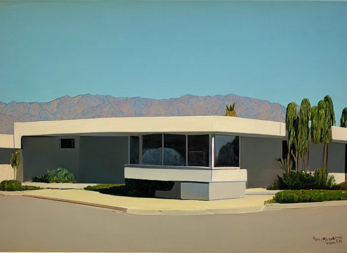 Image similar to painting of a richard neutra house in palm springs by wayne thiebaud