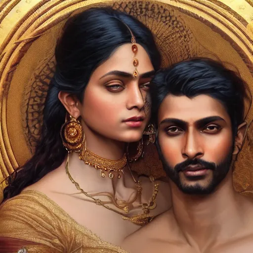 Image similar to portrait painting of dark muscular indian royal couple hugging from behind, ultra realistic, concept art, intricate details, eerie, highly detailed, photorealistic, octane render, 8 k, unreal engine. art by artgerm and greg rutkowski and alphonse mucha