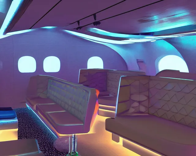 Prompt: Bar and nightclub inside a widebody plane with neon lights and sofas filled with partygoers, digital rendering, unreal engine 5