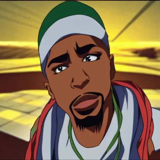 Image similar to Tupac Shakur, screenshot from a 2012s anime