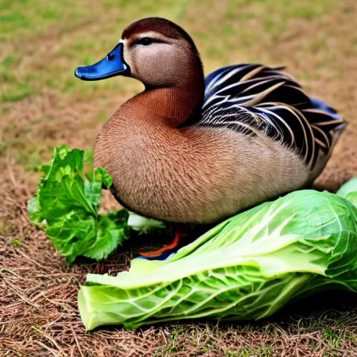 Image similar to duck in park, has skin of cabbage