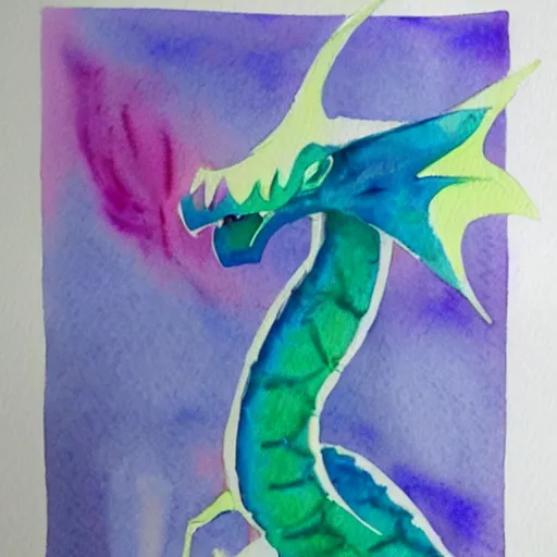 Image similar to mystical pastel dragon, minimalist watercolor on white paper, cute