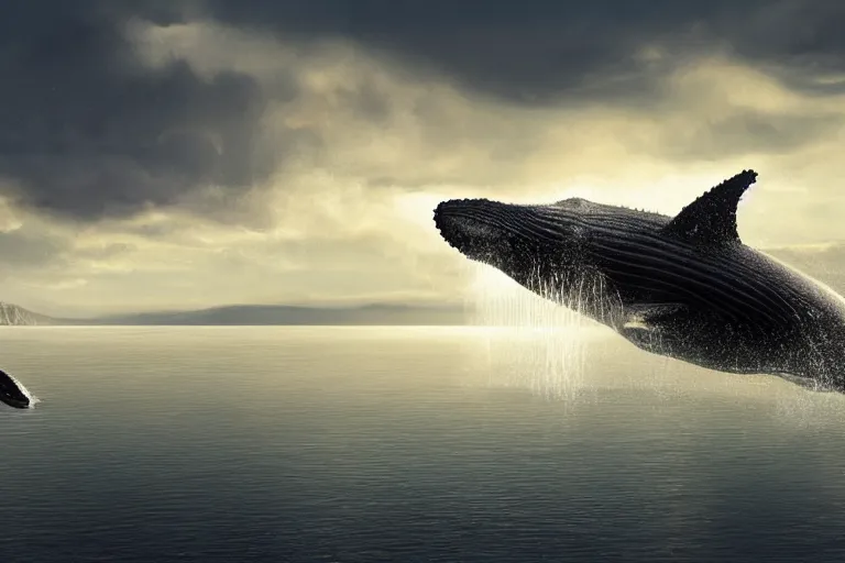 Image similar to a humpback whale flying over the superbowl cinematic lighting by Jessica Rossier