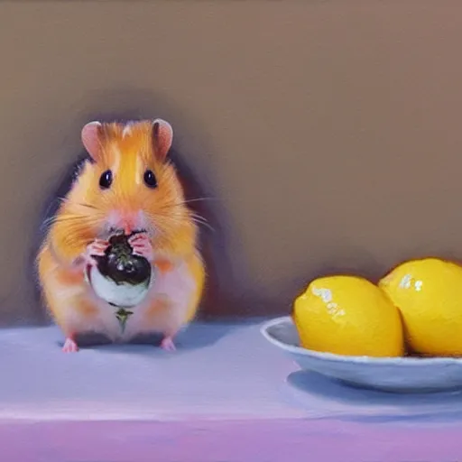 Image similar to a oil painting of a cute little hamster eating lemon