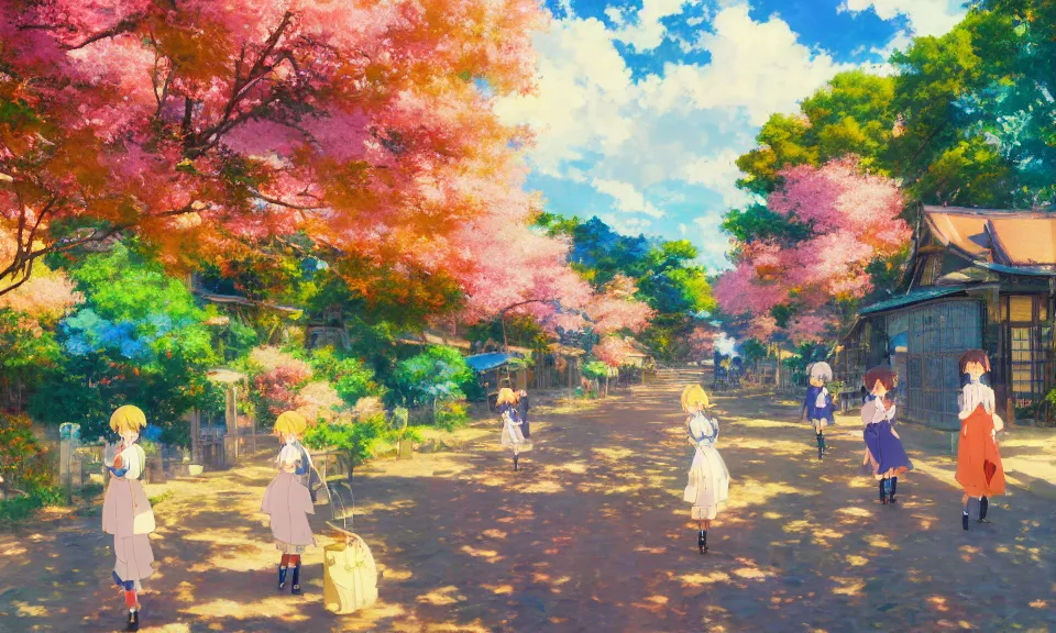 Prompt: impressionist painting of happiness and friendship, rural landscape, kyoto animation, wide shot, dynamic lighting, vivid colors, high detail, award winning