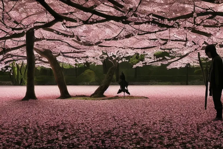Image similar to vfx movie scene samurai couple stand off blades drawn in cherry blossom forest, natural lighting by emmanuel lubezki