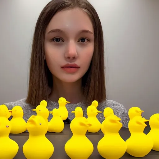 Image similar to a cute girl model, close up image, staring directly into camera, surrounded by yellow rubber ducks, photorealistic, hyper - detailed, studio lighting, shot on iphone 1 3 pro,